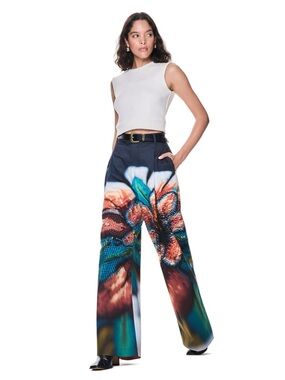 The Kit. High Rise Leigh Trouser Wide Leg Floral Navy Cross Stitch